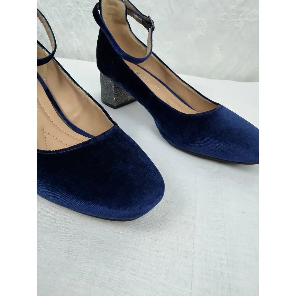 Andrew Geller Navy Velvet Mary Jane Pumps Sparkle Block Heel Size 8.5